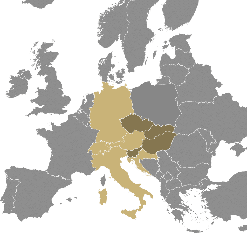 Europa-Karte mit markierten Ländern Ungarn I Tschechien I Slowakei I Slowenien